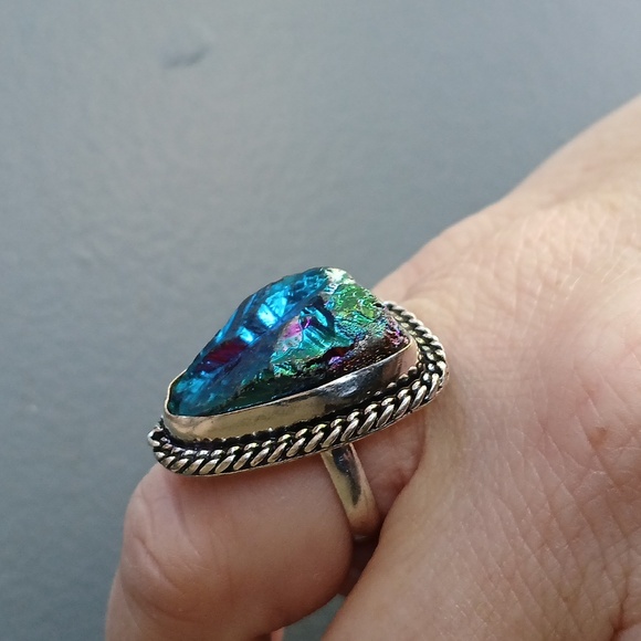 New Rainbow Titanium Crystal Quartz 925 Silver Ring. - Picture 4 of 12